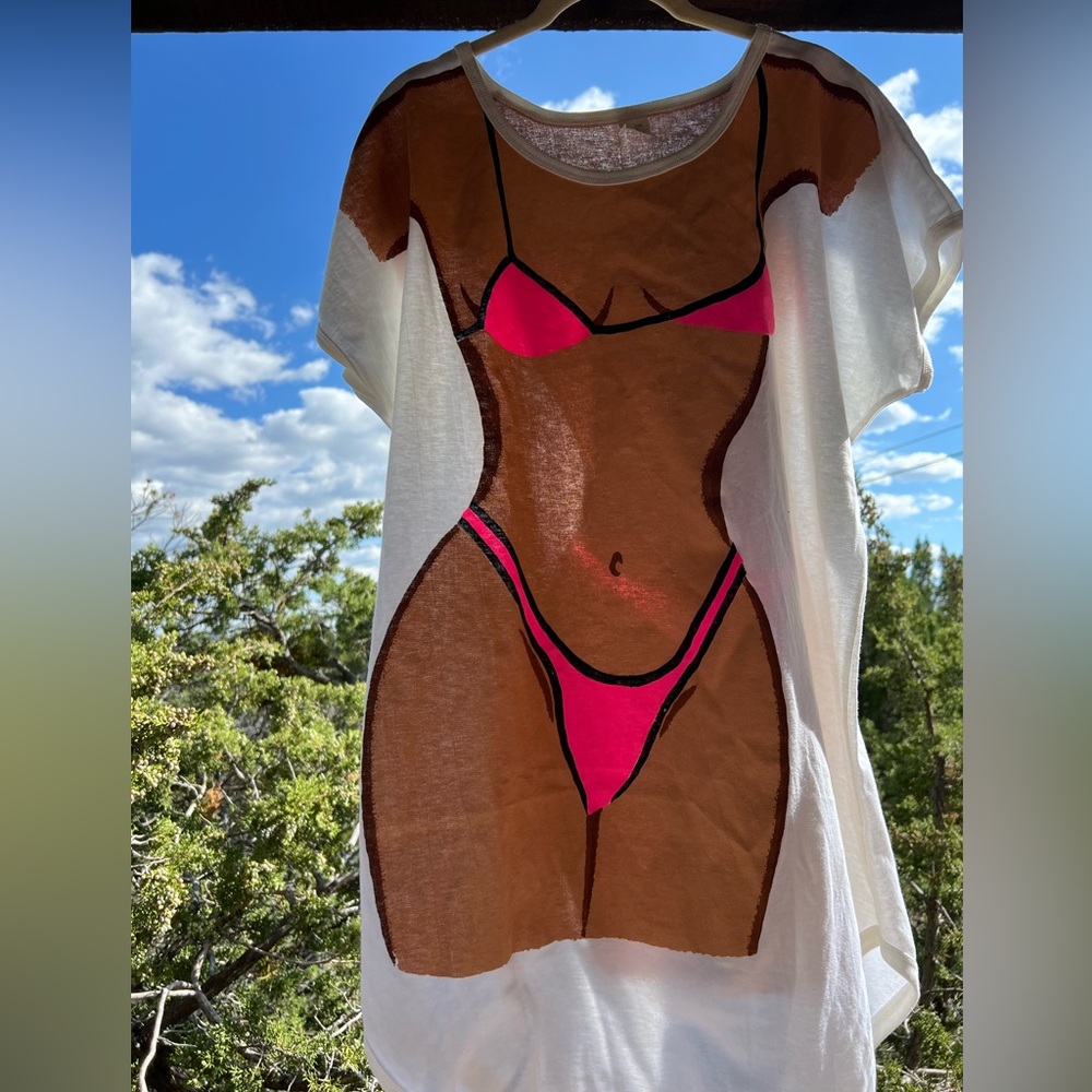 Iconic 80s 90s Vintage Cartoon Sexy Lady Thong Bikini Body Cover-Up Shirt Dress